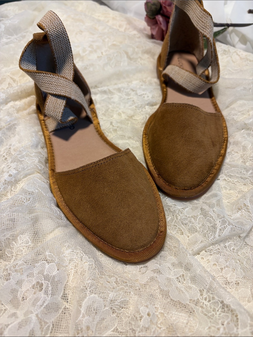 Lucky Brand Tan Suede Espadrille Ankle Tie Flats